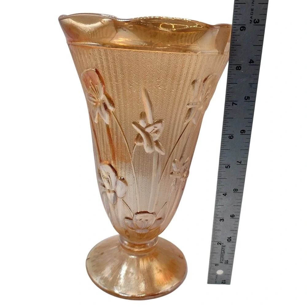 Jeanette‎ Carnival Glass Vase Marigold Herringbone Iris Depression Glass Vintage